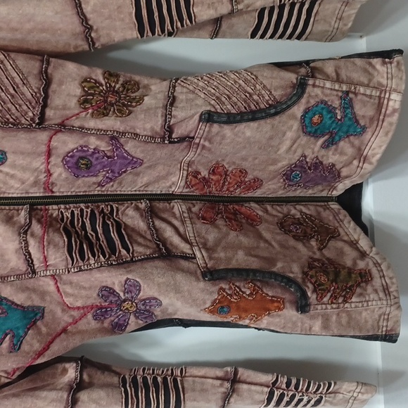 Rising International Boho Hoodie Jacket Coat Brown w Teal Purple Orange Cutouts - Picture 4 of 12